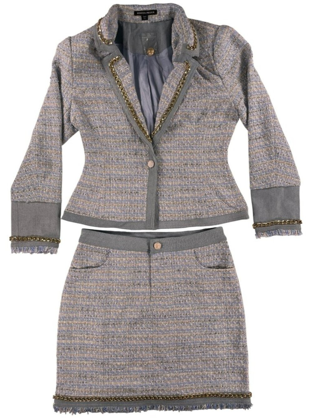 Boston Proper Denim Tweed Jacket & Skirt SET Chain Detail Blue/Gray $290 Sz 12